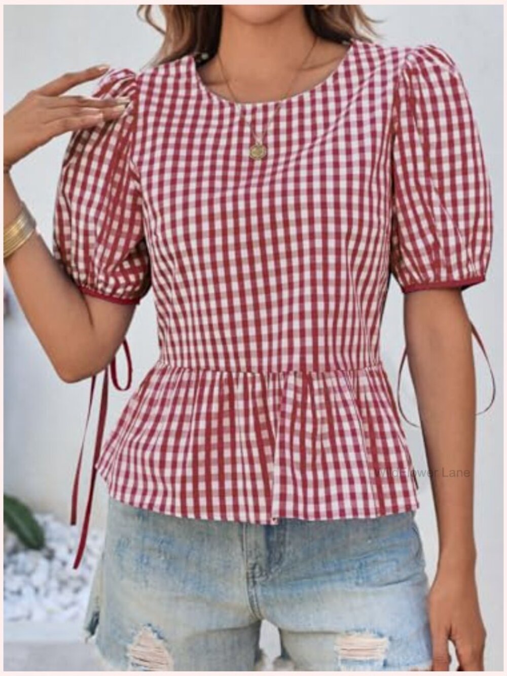 Womens Puff Sleeve Gingham Blouse Ruffle Peplum Babydoll Top Cotton Shirt - Picture 4 of 7